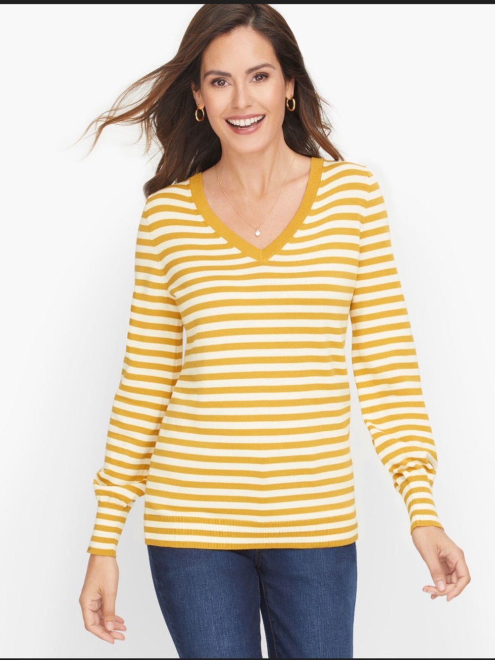 Talbots White and Mustard Striped Cotton Stripe V-Neck Sweater Medium